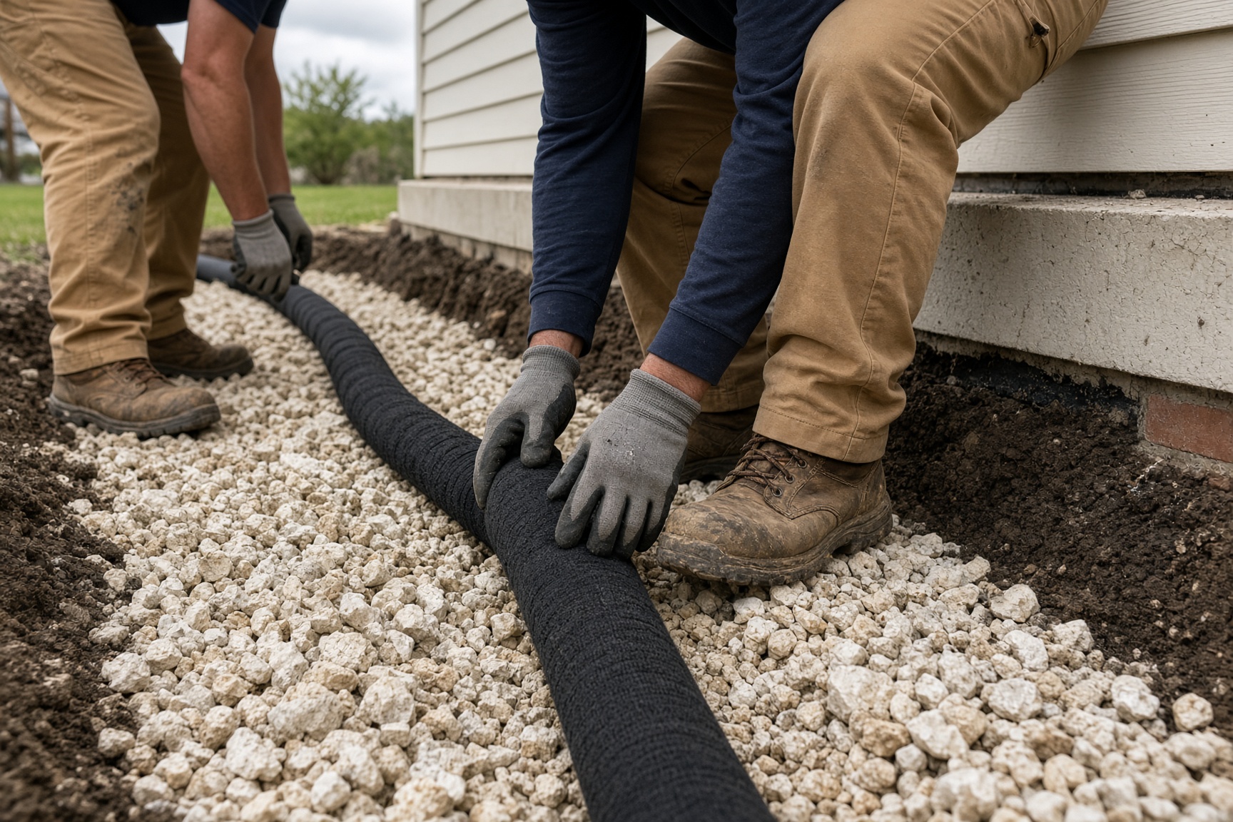 Installers placing socked perforated pipe into a gravel-filled trench.