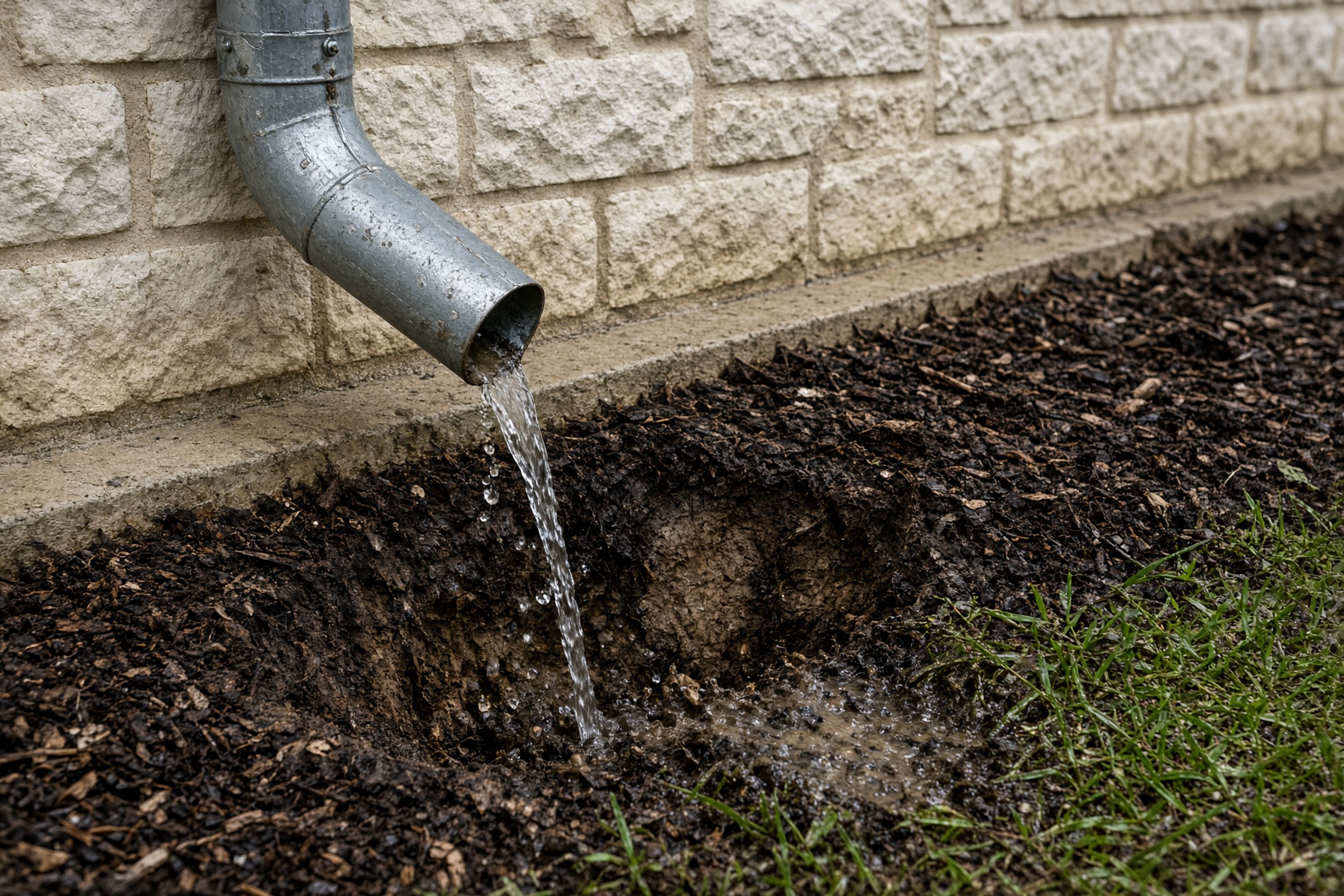 Metal downspout dumping onto a washed-out planting bed against a limestone foundation.