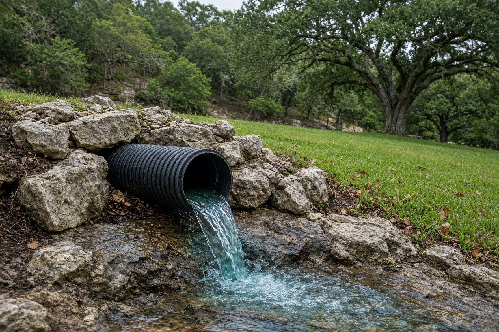 French drain daylight outfall with water flowing onto a limestone rock apron.