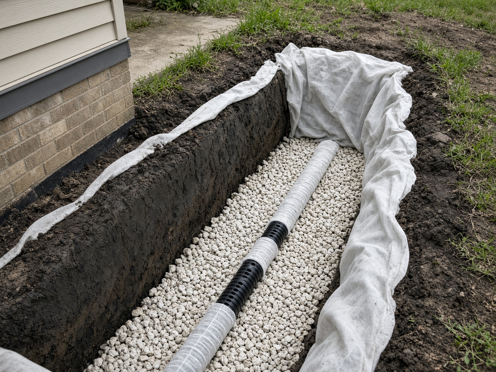 Open French drain trench with washed limestone gravel, filter fabric, and socked perforated pipe.